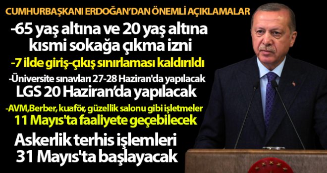 Cumhurbaşkanı Erdoğan: '65 yaş üstüne ve 20 yaş altına kısmi sokağa çıkma izni'