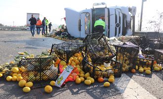 Bolu’da, devrilen tırdaki tonlarca sebze ve narenciye otoyola savruldu